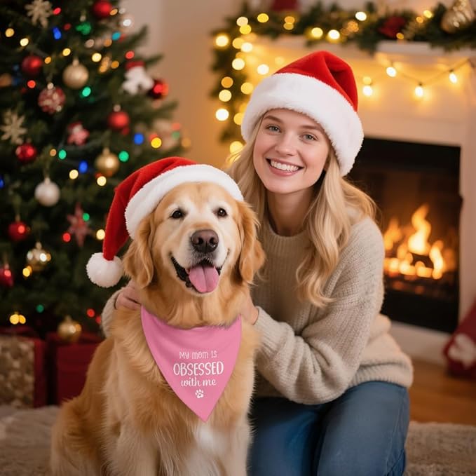 My Mom is Obsessed with Me Pink Dog Bandana, Cute Pet Scarf Accessories Photo Prop for Mother's Day, Dogs paw Printing Bandanas Decor, Christmas Birthday Gifts for Puppy Owner Dog Mom
