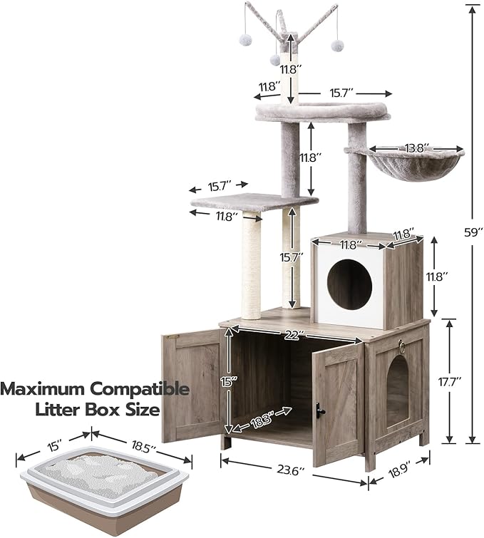 HOOBRO Cat Tree Tower with Litter Box Enclosure Indoor, Wooden Cat Condo with Scratching Posts, Litter Box Furniture Hidden, All-in-One Cat House, Greige BG15MZ03