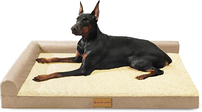 Patas Lague Orthopedic XL Dog Bed Large Sized Dog 42''X28'', Waterproof L Bolster Big Large Pet Sofa Beds with Removable Washable Cover, Soft Comfortable Pet Couch Crate Mat with Nonskid Bottom, Cream