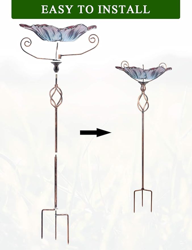 MUMTOP 31 Inch Height Glass Birdbath Birdfeeder with Metal Stake Garden Yard Outdoor