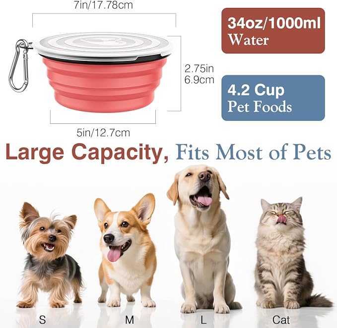 Pawaboo Collapsible Dog Bowls 2 Pack, Silicone Feeding Watering Bowls with Lids & Carabiners for Dogs Cats, Portable Water Feeder Food Bowl for Walking Traveling Home Use, 1000ml, Light Pink + Blue