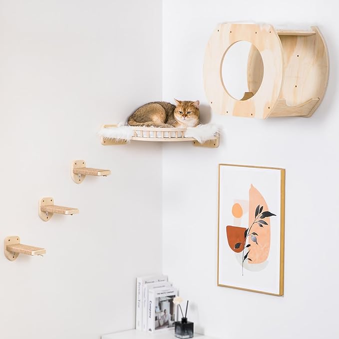 Cat Shelves - 3 Steps, Wall Climbing Shelf with Plush Covered Bed, Large Cats Set