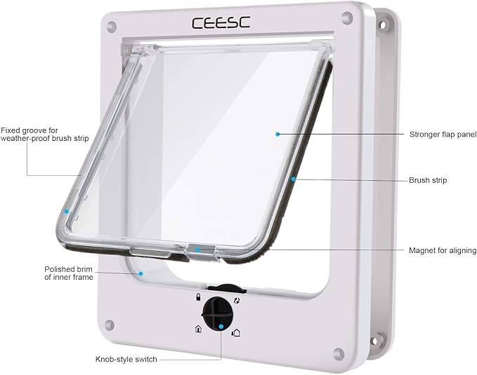 CEESC Medium Cat Door for Interior/Exterior Door, Weatherproof, White, Rotary 4 Way Locking Pet Door for Cats & Dogs with Circumference < 15.75", Upgraded Version