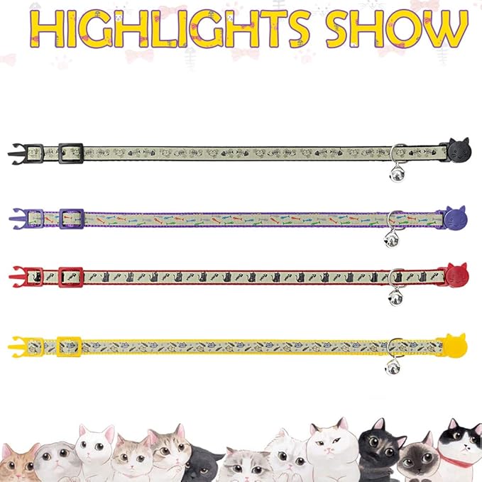 Cat Collars Breakaway with Bell - Glow in The Dark Collar 4 Pack - Fish & Cat Pattern 4 Colors for Kitty and Puppies, Adjustable from 7-11 Inch