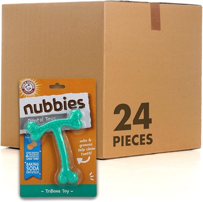 Arm & Hammer Nubbies T-Bone Dental Dog Chew Toy with Peanut Butter Flavor, Textured Chew Toy Designed to Help Clean Teeth and Support Oral Care for Dogs Up to 35 lbs - 24 Pack