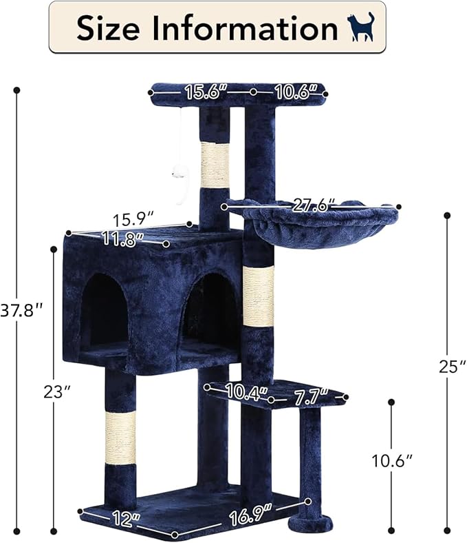 BestPet | 37" Cat Tree Tower | Navy Blue | Sturdy Multi-Level Cat Tree with Plush Condo, Cozy Perch, Sisal Scratching Posts, Hanging Toy and Hammock | Easy Assembly | for Kittens & Adult Cats
