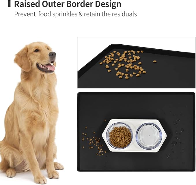 Dog Food Mat,Silicone Waterproof Food Tray,Non Slip Pet Bowl Mats Placemat,0.6" Raised Edge,Suitable for Most Small and Medium Sized Pets,24" x 16"