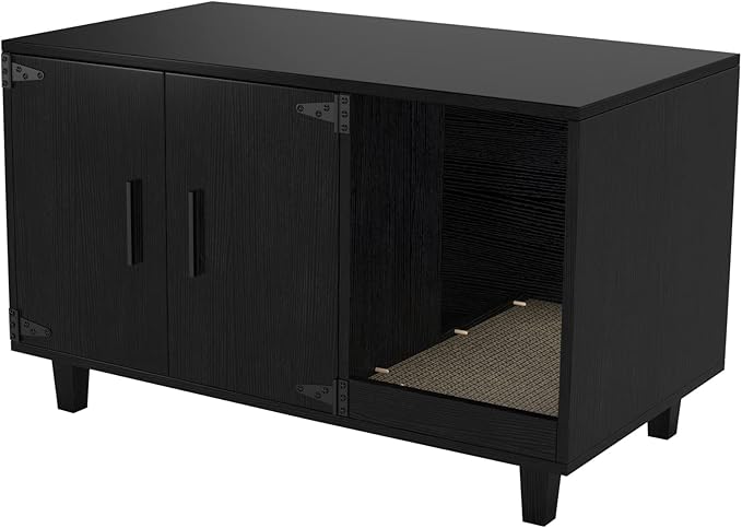 GDLF Modern Wood Pet Crate Cat Washroom Hidden Litter Box Enclosure Furniture House as Table Nightstand with Scratch Pad,Stackable (Black)
