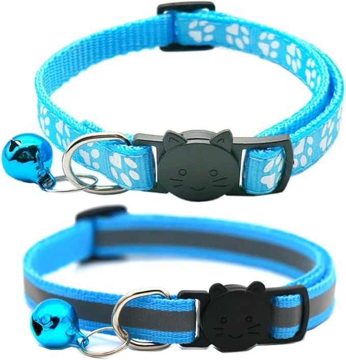 2 Pack Cat Collars Quick Release Reflective Kitten Collar with Bell & Safety Release (Light Blue)
