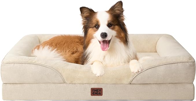 EHEYCIGA Orthopedic Dog Bed for Large Sized Dog, 41x27x7.5 Inch Large Memory Foam Dog Couch Bed with Sides, Waterproof Liner & Washable Removable Cover, Bolster Pet Sofa, Beige