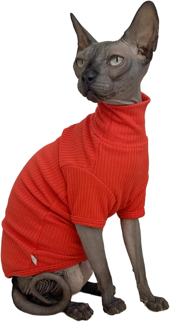Sphynx Cats Shirt Cat Turtleneck Cotton Sweater Pullover Kitten T-Shirts with Sleeves Cat Pajamas Jumpsuit for Sphynx Cornish Rex, Devon Rex, Peterbald (Sunset, Medium (Pack of 1))