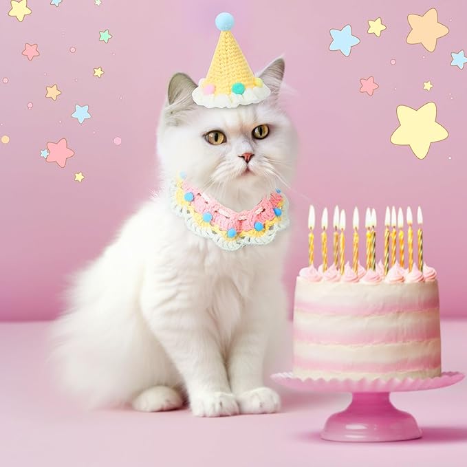 Sanwuta 2 Pcs Cat Birthday Party Supplies, Knit Cat Hat Kitten Birthday Bib Knit Bandana Pet Party Costume Headwear Accessories for Puppy Kitten Small Dogs Animals (Cream Yellow)