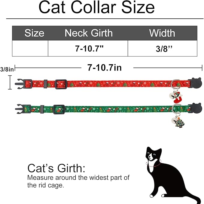 Christmas Cat Collar, Cotton 2 Pack Cat Collar with Bells, Breakaway Collars for Girl Boy Kittens, Christmas