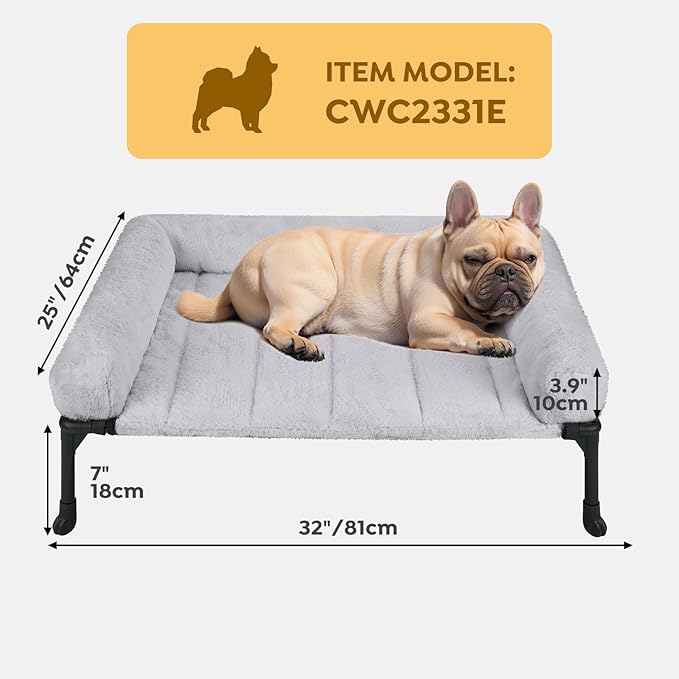 Veehoo Orthopedic Elevated Dog Bed with Fluffy Plush Bolster Cushion, Indoor Raised Dog Beds for Large Dogs, Soft Pet Sofa Cot with Removable Washable Mat, No-Slip Feet, 32 x 25 inches, Grey