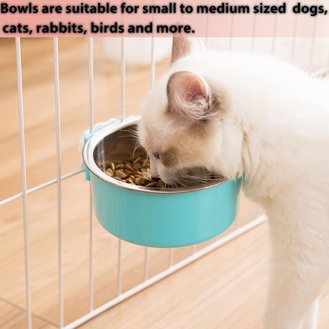 3 Pieces Crate Dog Bowl, Removable Stainless Steel Pet Kennel Hanging Food Water Feeder Bowl Cage Coop Cup for Puppy Medium Dog Cat Rabbit Ferret Bird (Blue,Red,Green)