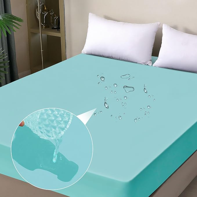 Waterproof Mattress Protector Queen, Fitted Sheet Style Breathable Mattress Cover with Deep Pocket Fits Up to 18'', Noiseless Bed Cover for Kids Adults Pets, Machine Washable (Cyan, 60'' X 80'')