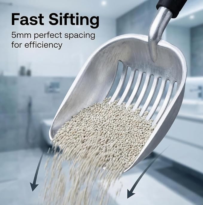 Heavy Duty Cat Litter Scoop with Holder - All Metal Cat Litter Scooper with Holder - Speed Sifter Litter Box Scooper Captures All Clumps - Aluminum Cats Litter Scooper
