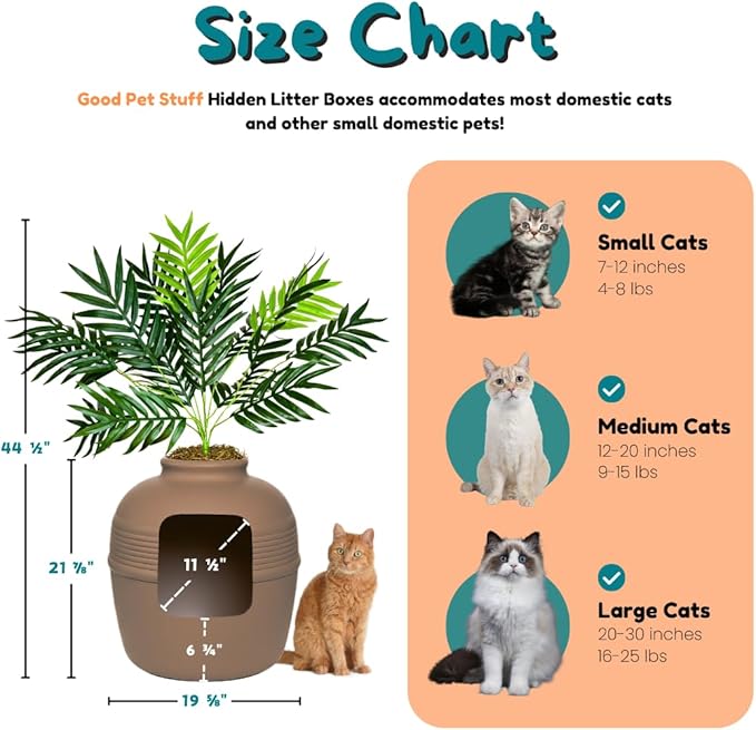Good Pet Stuff Hidden Litter Box Planter, Decorative Cat Litter Enclosure with Carbon Filter, Artificial Plant, Easy Clean, Improved Design, Round Style, Base Kit, Chestnut Brown