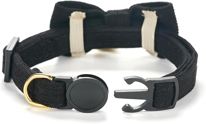 Soft Corduroy Cat Collar with Bell and Bowtie, Safety Breakaway Clasp, Adjustable for Kitten and Cats Black Color.