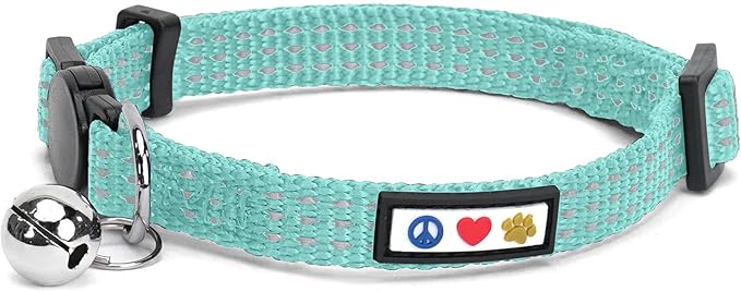Pawtitas Reflective Teal Cat Collar with Safety Buckle and Removable Bell for Kitten and Cats