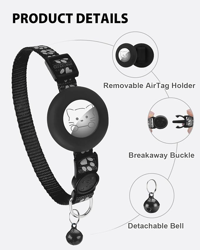 Joytale AirTag Cat Collar 2 Pack with Breakaway Safety Buckle, Reflective Cats Collar with AirTag Holder, Adjustable 7.5-12.5 Inch, Anti-Fraying Lightweight for Girl Boy Kitten, Black