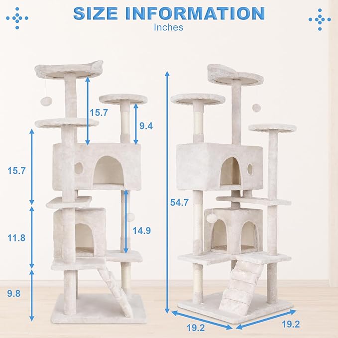 FDW | 54" Cat Tree Tower | Beige | Multi-Level Indoor Activity Center with Sisal Scratching Posts, Condos, Plush Perches, Hanging Cat Toys | Sturdy, Easy to Assemble | for Kittens & Adult Cats