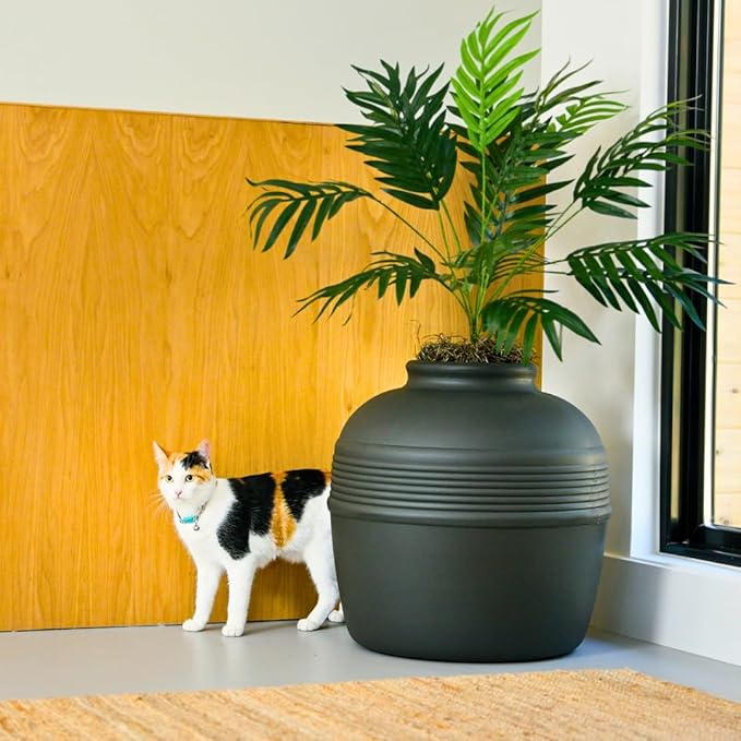 Good Pet Stuff Hidden Litter Box Planter, Decorative Cat Litter Enclosure with Carbon Filter, Artificial Plant, Easy Clean, Removable Liner, Round Style, Essentials Kit, Matte Black