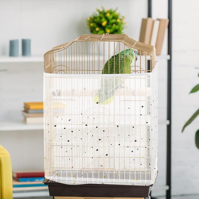 Large Bird Cage Cover, Bird Cage Seed Catcher, Adjustable Soft Airy Nylon Mesh Net, Birdcage Cover Skirt Seed Guard for Parrot Parakeet Macaw African (Star-White, 15.7" x118")