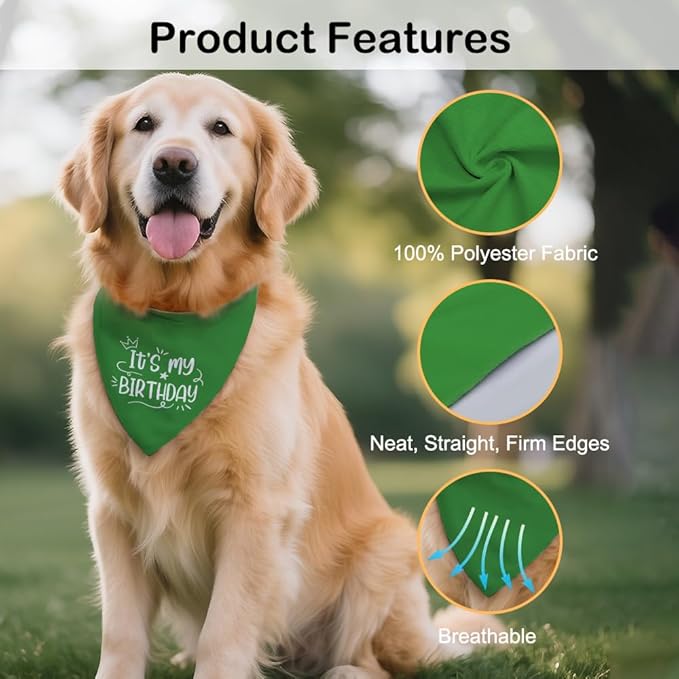 It's My Birthday Green Dog Bandana, Birthday for Dog Mom Dad, Funny Puppy Scarf Accessory Decoration Photo Shoot for Party Dinner Holiday, Cute First Birthday Supply for Puppy