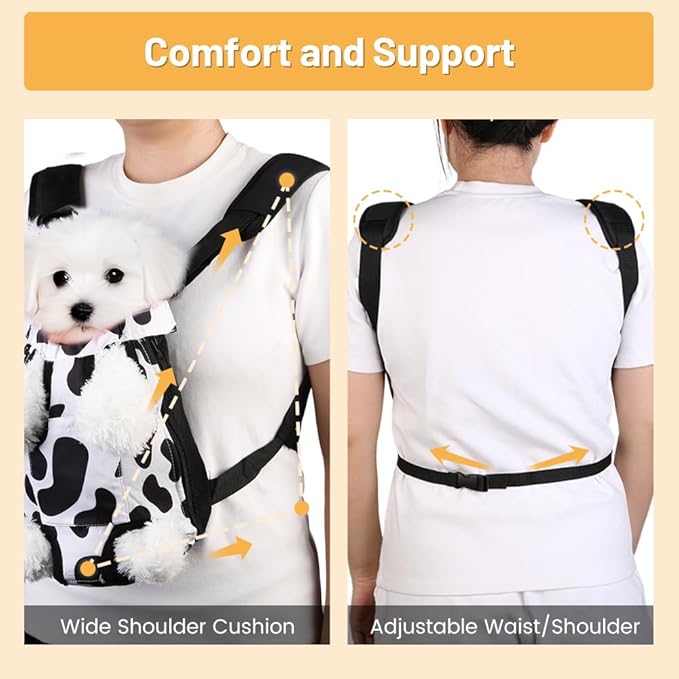Inspack Dog Backpack Carrier/Cat Carrier, Adjustable Pet Front Carriers Travel Bag for Puppy Medium Dogs, Legs Out, Soft Ventilated Doggie Chest Carry Backpacks for Hiking/Camping, 4-7 lbs, Cow Print