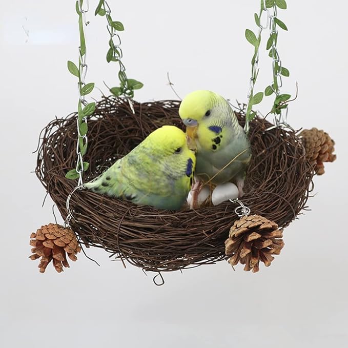 Natural Rattan Nest Small Medium Large Bird Swing for Parrot Parakeet Cockatiel Conure Cockatoo Macaw Amazon African Grey Lovebird Finch Canary Budgie Cage Perch Toy (Large)