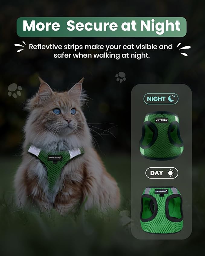 FAYOGOO Cat Harness, Escape Proof, Ultra-Light & Comfortable, Reflective Night Safety, Neon Green, Medium