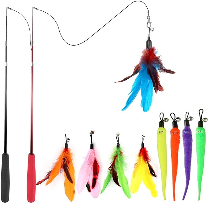 Cat Toys for Indoor Cats, Interactive Cat Toy 2PCS Retractable Wand Toy and 9PCS Cat Feather Toys Refills, Funny Kitten Toys Cat Fishing Pole Toy for Bored Indoor Cats Chase and Exercise