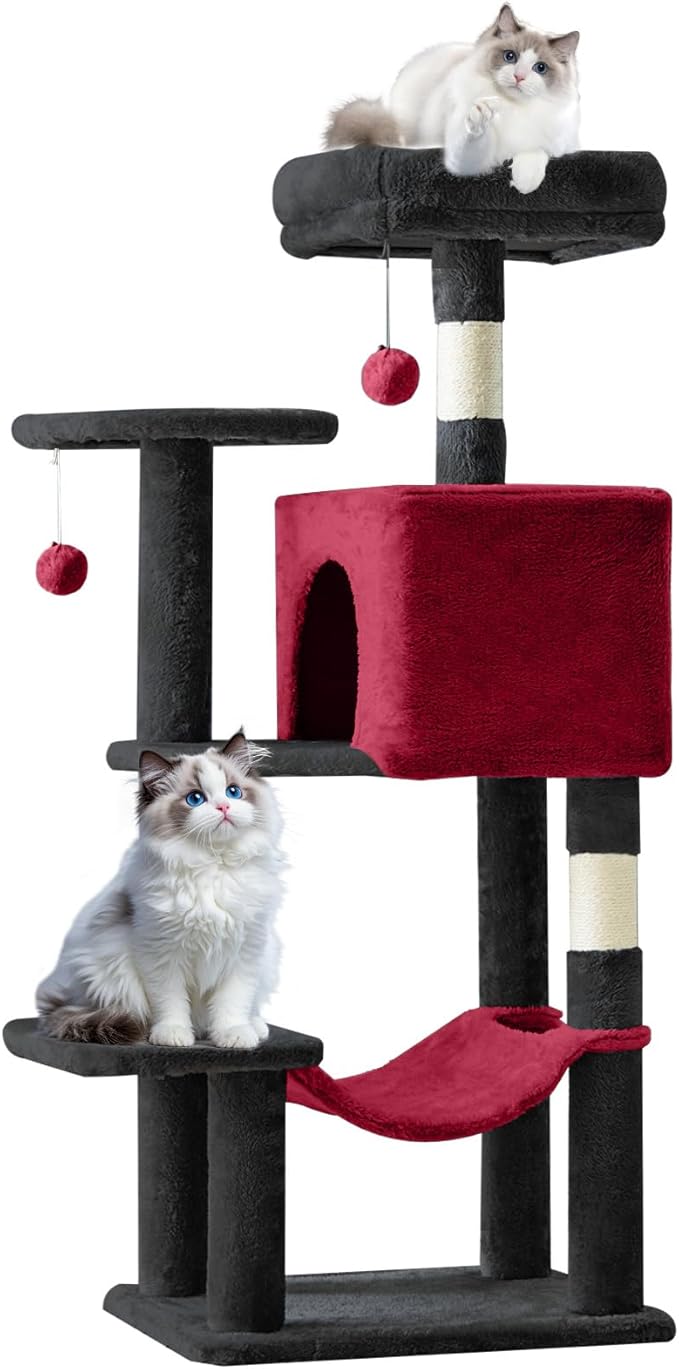 Sweetcrispy 44 Inch Cat Tree Tower, Cat Climbing Tower with Natural Sisal Scratching Posts, Hammock, Pet Condo for Indoor Cats and Kittens Play, Black and Red