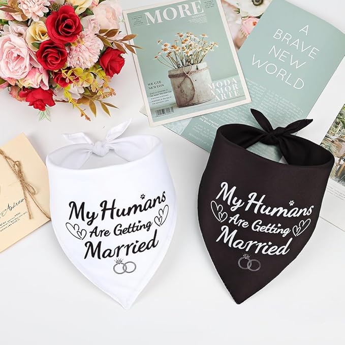 SZEE Engagement Gifts for Couples, 2 Pack My Humans are Getting Married Dog Bandanas, Wedding or Bridal Shower Gifts for Bride, Dog Wedding Bandanas, Engagement Party Decorations (White & Black, L)