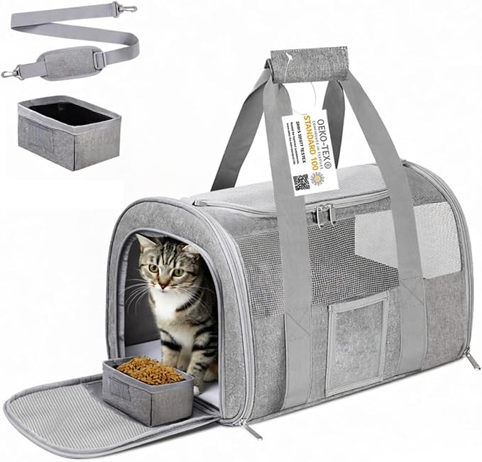 Airline Approved Cat Carrier, Soft-Sided Pet Travel Carrier for Cats and Small Dogs up to 15lbs, TSA Approved Under Seat Carrier with Collapsible Bowl, Grey