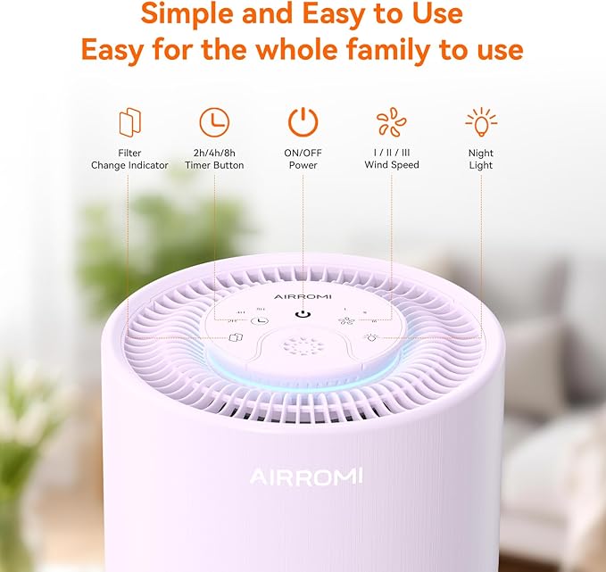 AIRROMI Air Purifier for Bedroom with HEPA 3-in-1 Filter, Pet Air Purifier for Home Cat Pee Smell, Covers Upto 990 Ft², Quiet 360°intake Air Cleaner for Pet Hair,Allergies,Pollen,Smoke A2001 Purple