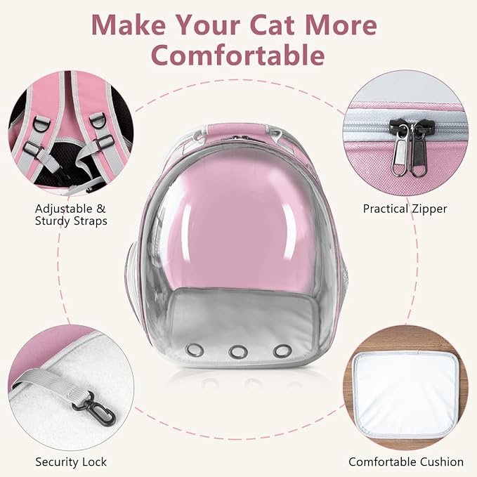 Cat Backpack Carrier Back Expandable Bubble Pet Carrier Backpack for Large Cat, Kitten and Dog, Designed for Hiking, Travelling and Outdoor Use (Back Expandable-Pink)
