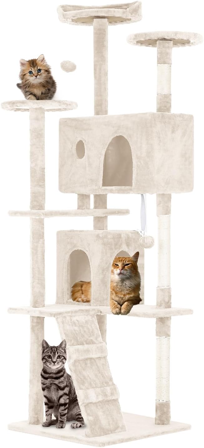 FDW | 70" Cat Tree Tower | Beige | Multi-Level Indoor Activity Center with Sisal Scratching Posts, Condos, Plush Perches, Hanging Cat Toys | Sturdy, Easy to Assemble | for Kittens & Adult Cats