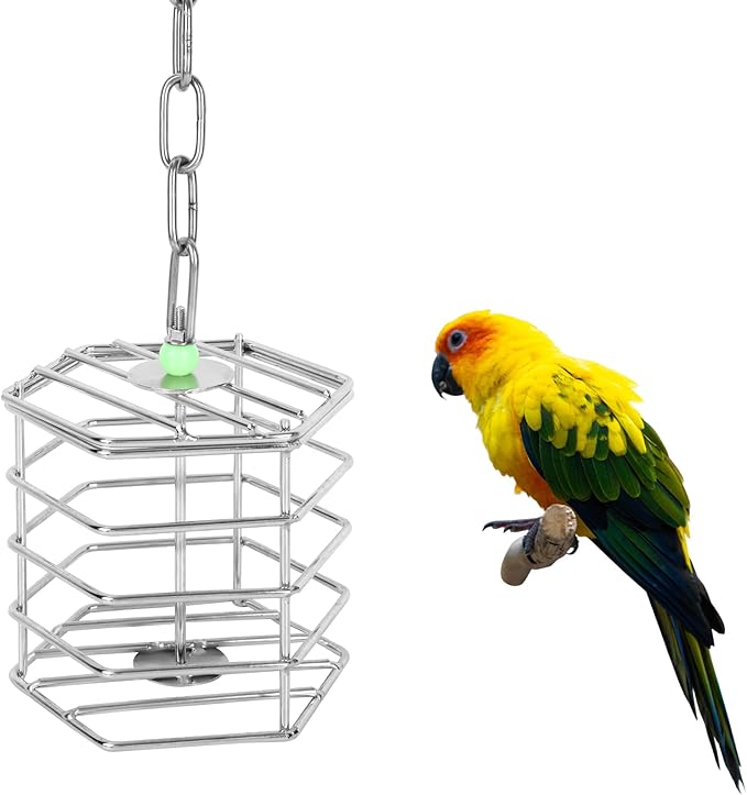 Stainless Steel Bird Suet Feeder Cage with Chain & Bead, Hanging Bird Food Holder Intelligent Feeding Box Millet Treat Holder for Macaw Cockatoo Cockatiel Parrot