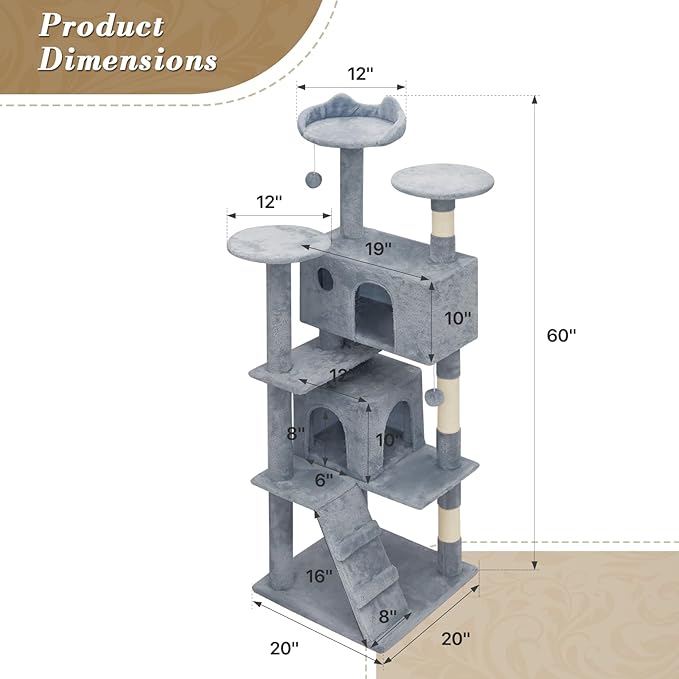 Athena Collection Cat Tree, 62 Inch Cat Tree Tower for Indoor Cats, Multi-Level Cat Tower House Activity Center with 2 Cat Condo & Scratching Post & Dangling Ball, Tall Cat Climbing Tower, LightGray