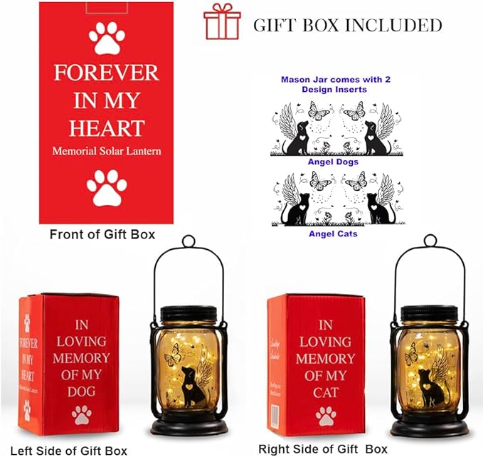 iHeartDogs Angel Dog or Cat Memorial Mason Jar Solar Light - Outdoor Hanging Lantern, Garden Stake, Solar Powered, Garden Decor - Warm Light