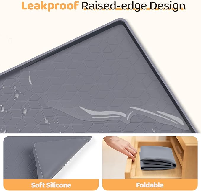 Cat Food Mat, 34" x 22" Large Silicone Pet Feeding Mat with Raised Edge Pet Placemat for Food and Water Bowl Non-Slip, Easy to Clean, Floor Protection (Dark Grey)