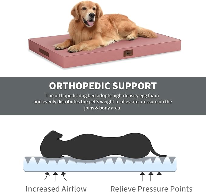 Outdoor Large Washable Dog Bed, Orthopedic Egg Crate Foam Dog Crate Mat for Large Dogs with Removable Oxford Cooling Cover, Pink