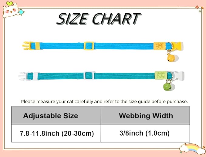 Elastic Cat Collar 2 Pack of Safety Quick Release Cat Collars with Bell Anti-Suffocation Kitten Puppy Collars(Green+Blue)