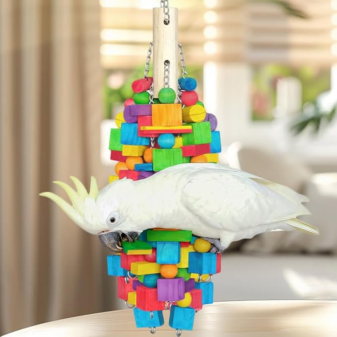 Extra Large Bird Toys for Macaws, Cockatoos - 21.6'' Heavy Duty Natural Parrot Toys for Chewing Foraging with SS Chain & Edible Colors for Medium to Large Parrots, African Grey, Cockatiel, Parakeet