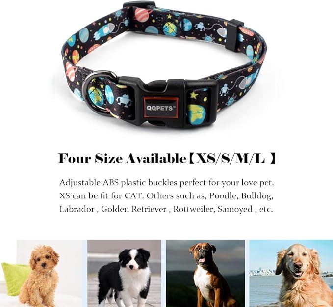 QQPETS Adjustable Soft Dog Collar: Print Flower Pink Multicolor Cute Patterns for XS Small Medium Large Pet Girl Boy Puppy Walking Running Training (M, Space)