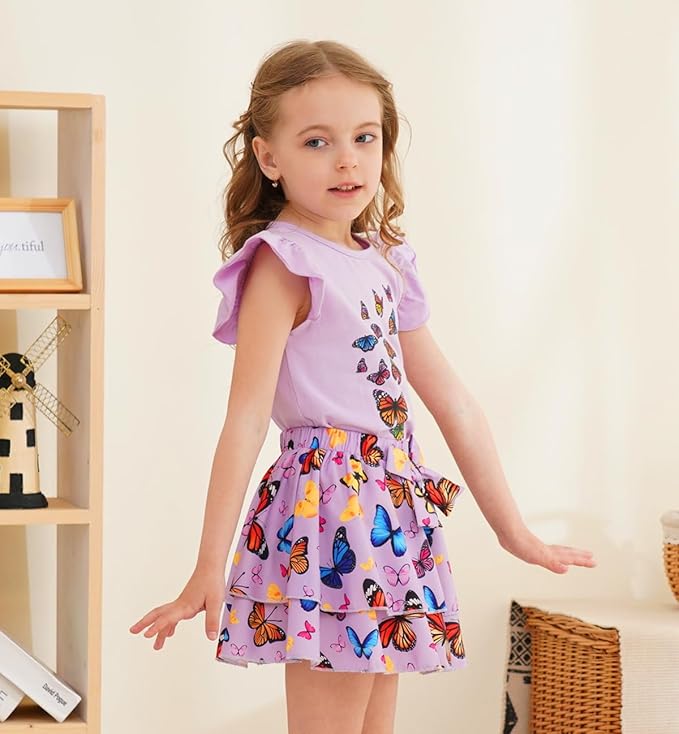 Girls Skirt Set 2 Piece Outfit Toddler Summer Clothes Ruffle Sleeve T-Shirt Bow Knot Tutu Skirt Outfit Set