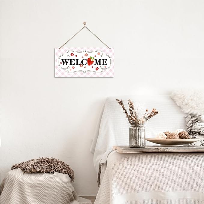 Welcome Sign for Front Door, Welcome Decor Wooden Hanging Sign for Girl Room Decor, Strawberry Pattern Wooden Hanging Signs, Cute Girl Style Front Door Decoration 13.8X6.9 inches