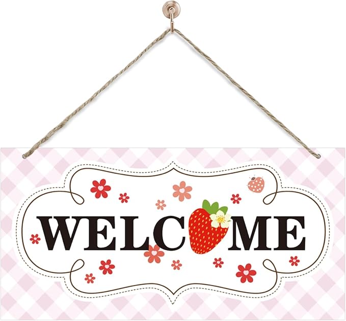 Welcome Sign for Front Door, Welcome Decor Wooden Hanging Sign for Girl Room Decor, Strawberry Pattern Wooden Hanging Signs, Cute Girl Style Front Door Decoration 13.8X6.9 inches